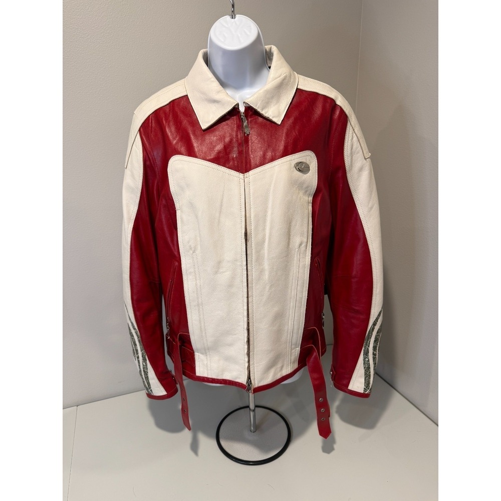 Hein Gericke Leather Motorcycle Jacket Womens 10 Red White Long‎ Sleeve Full Zip